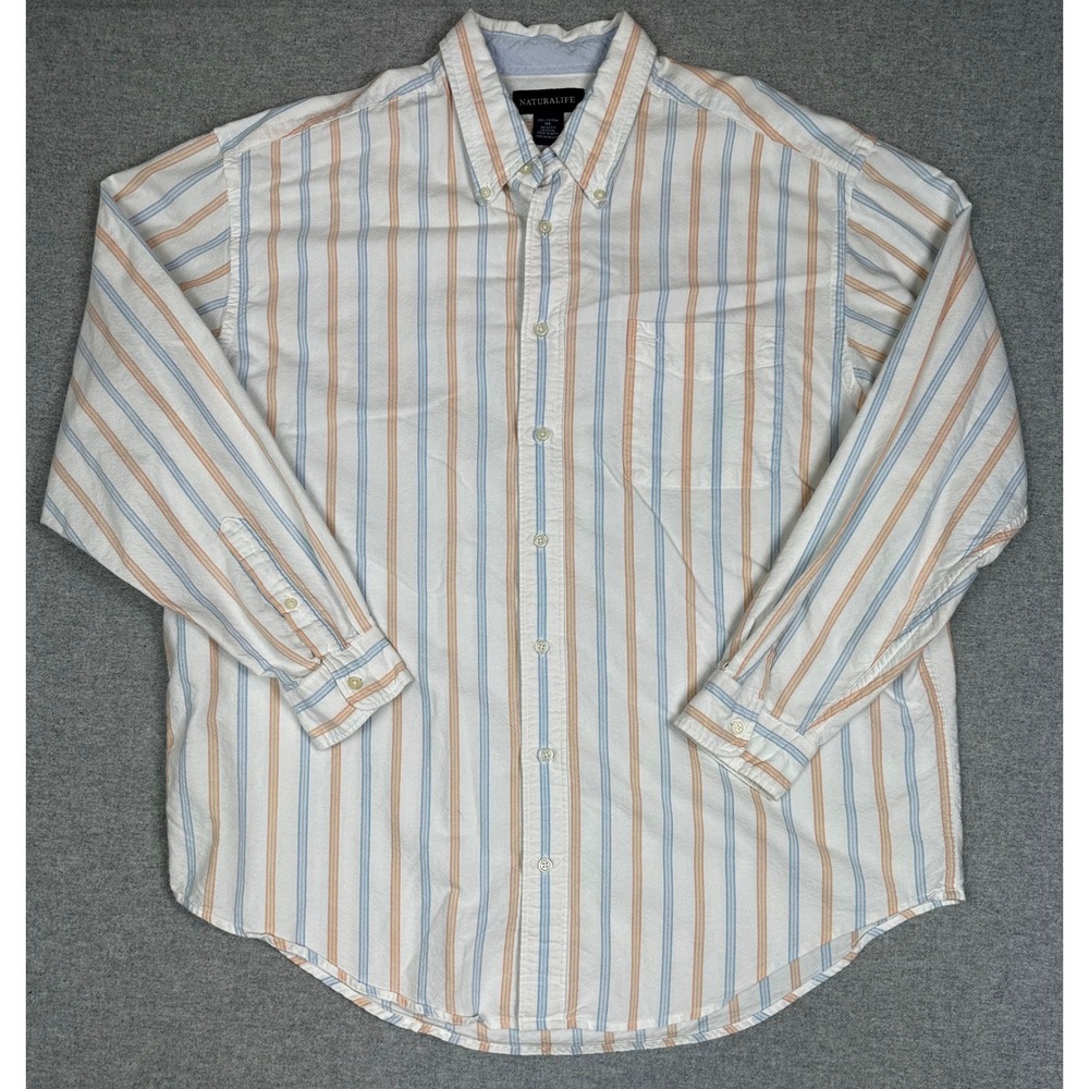 Naturalife Shirt Mens XL Button Down Striped Long Sleeve Blue Orange White‎